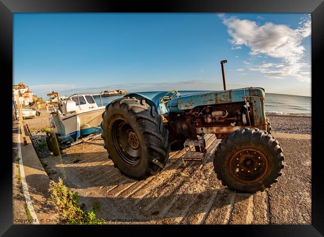 Fisheye view of a tractor, trailer and fishing boa Framed Print by Chris Yaxley