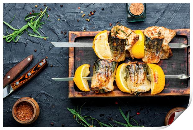 Barbecue mackerel fish on skewers Print by Mykola Lunov Mykola