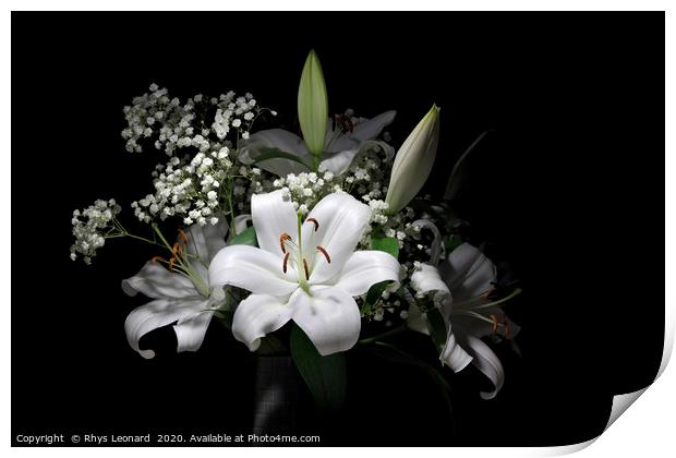 Bouquet of pure white lilies Print by Rhys Leonard