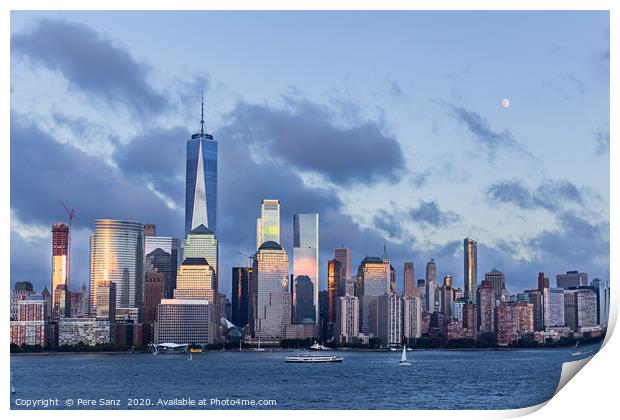 Lower Manhattan Skyline and moon rising at blue ho Print by Pere Sanz