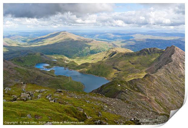 Mountain view from the Snowdon summit, Snowdonia Print by Pere Sanz