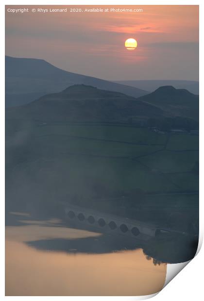 Misty orange sunset over Ladybower reservoir Print by Rhys Leonard
