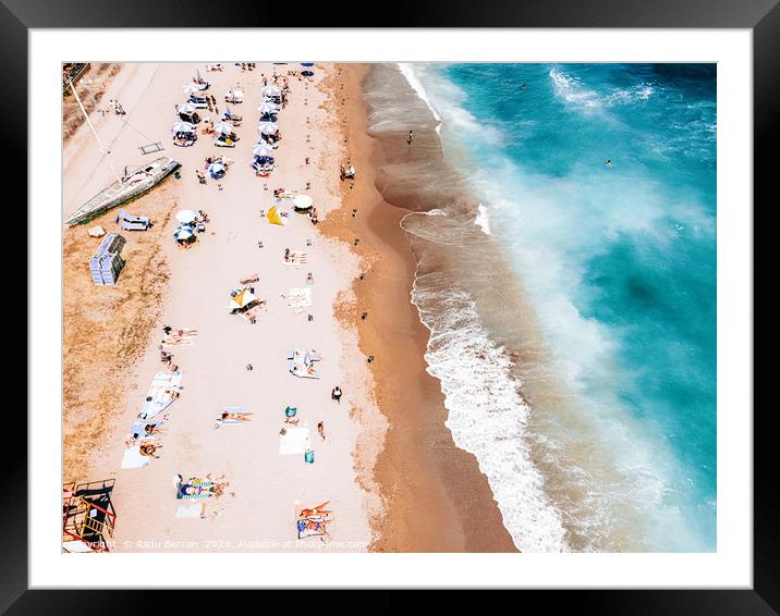 People Crowd On Beach, Summer Vibes, Aerial Ocean Framed Mounted Print by Radu Bercan