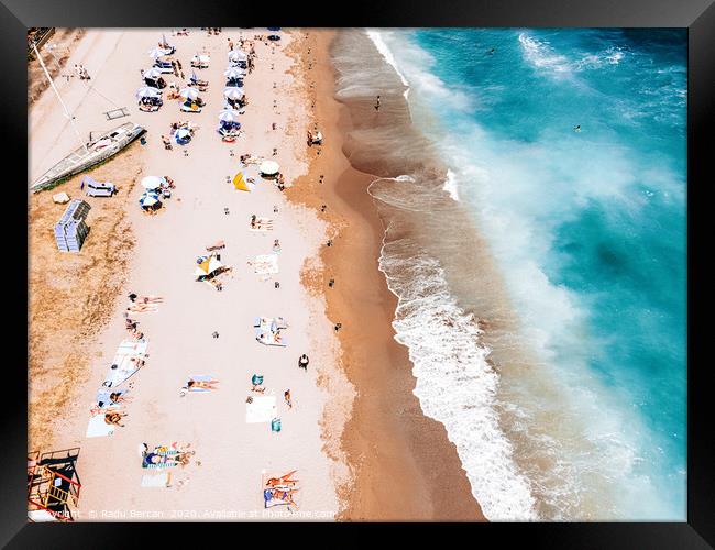 People Crowd On Beach, Summer Vibes, Aerial Ocean Framed Print by Radu Bercan