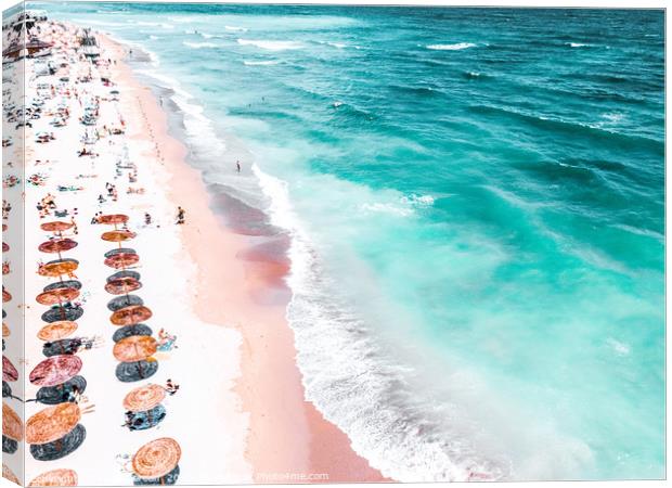Aerial Beach, People And Colorful Umbrellas On Bea Canvas Print by Radu Bercan