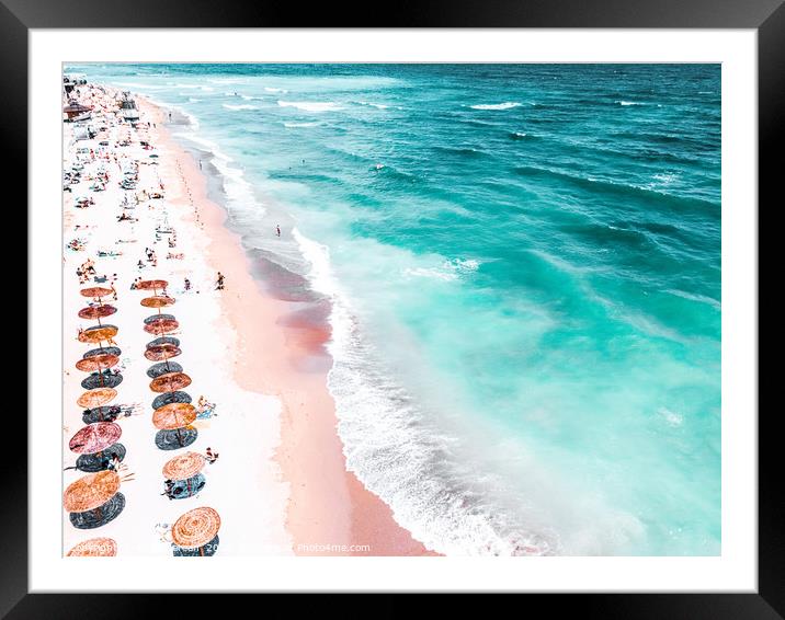 Aerial Beach, People And Colorful Umbrellas On Bea Framed Mounted Print by Radu Bercan