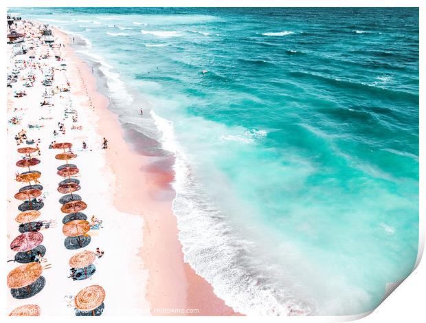 Aerial Beach, People And Colorful Umbrellas On Bea Print by Radu Bercan