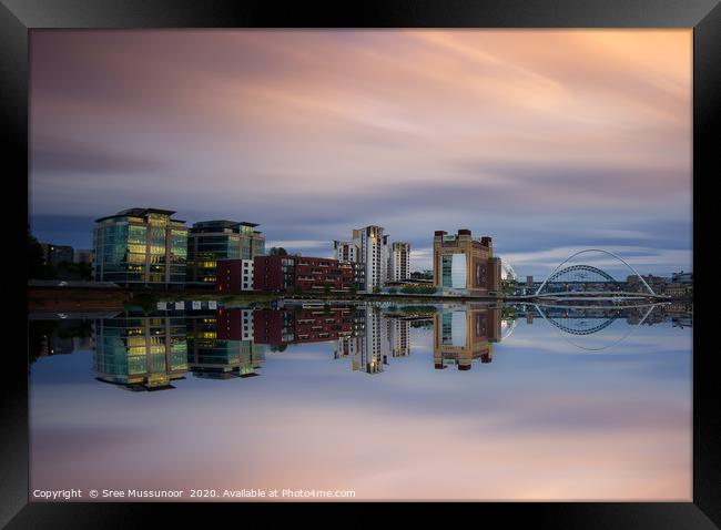 Gateshead quayside and bridges reflections  Framed Print by Sree Mussunoor