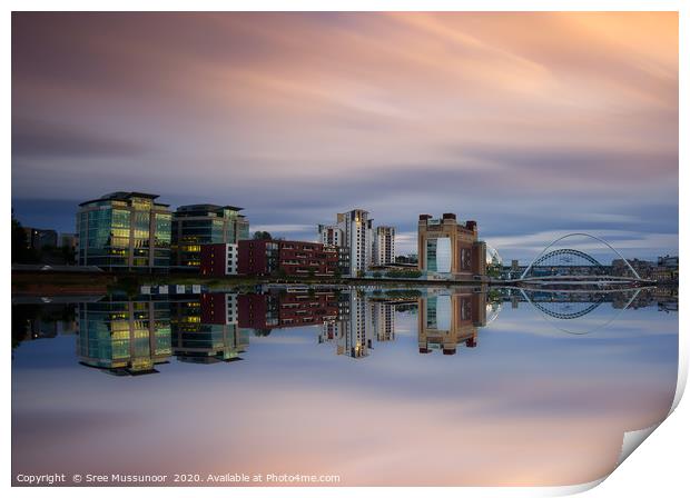Gateshead quayside and bridges reflections  Print by Sree Mussunoor