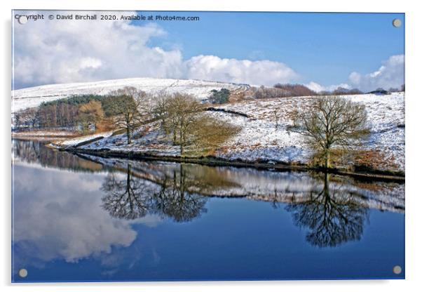 Winter reflections at Errwood Reservoir, Derbys. Acrylic by David Birchall