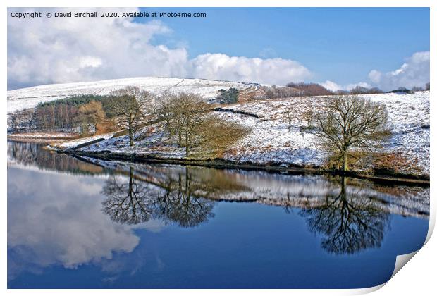 Winter reflections at Errwood Reservoir, Derbys. Print by David Birchall
