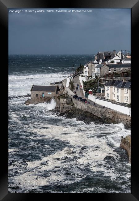  Porthleven Cornwall stormy sea Framed Print by kathy white