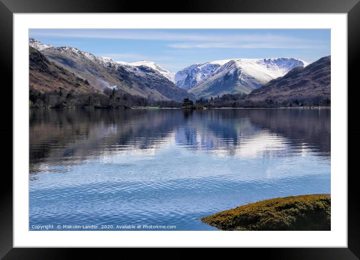 View across Ullswater to the snow capped Rake Crag Framed Mounted Print by Malcolm Lander