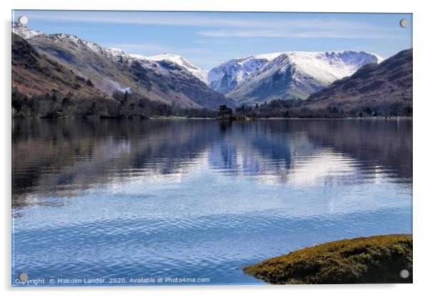View across Ullswater to the snow capped Rake Crag Acrylic by Malcolm Lander