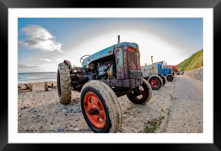 Close up and fisheye view of tractor on Cromer bea Framed Mounted Print by Chris Yaxley