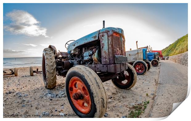 Close up and fisheye view of tractor on Cromer bea Print by Chris Yaxley