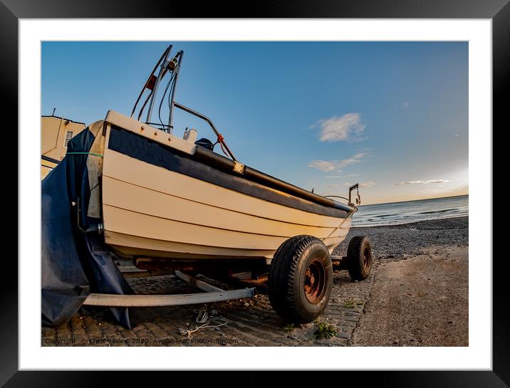 Fisheye view of crab fishing boat on Cromer beach Framed Mounted Print by Chris Yaxley