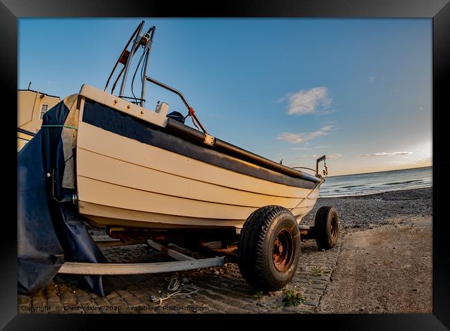 Fisheye view of crab fishing boat on Cromer beach Framed Print by Chris Yaxley