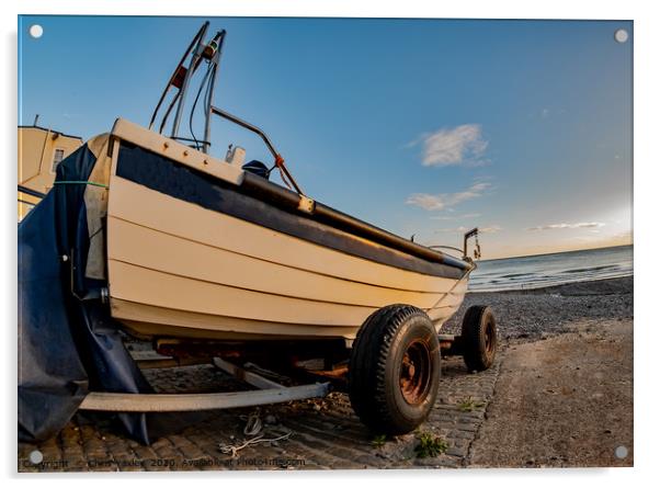 Fisheye view of crab fishing boat on Cromer beach Acrylic by Chris Yaxley