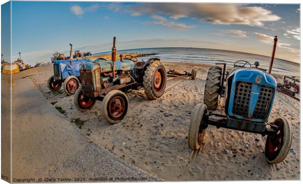 Fisheye view of tractors on Cromer beach, Norfolk Canvas Print by Chris Yaxley