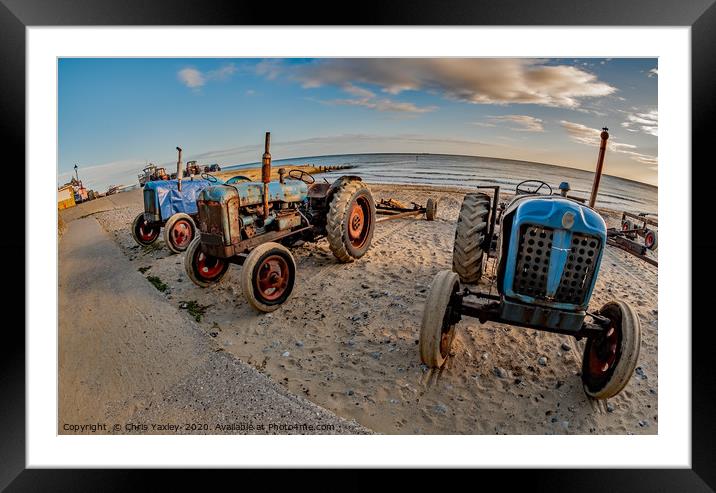 Fisheye view of tractors on Cromer beach, Norfolk Framed Mounted Print by Chris Yaxley