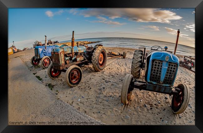 Fisheye view of tractors on Cromer beach, Norfolk Framed Print by Chris Yaxley