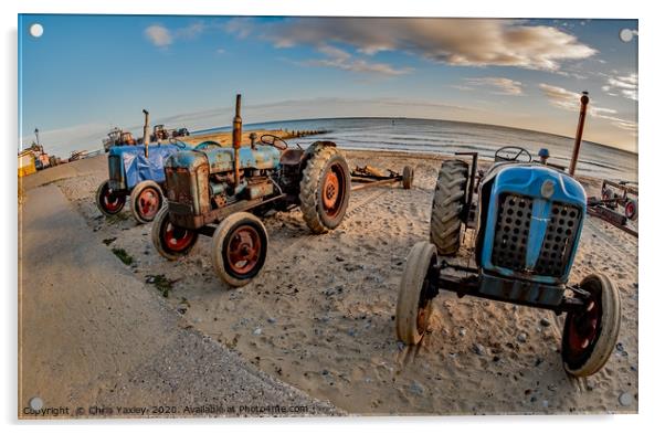 Fisheye view of tractors on Cromer beach, Norfolk Acrylic by Chris Yaxley