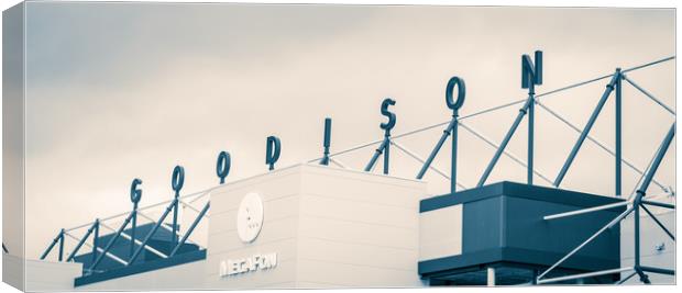 Goodison signage above the Park End stand of Evert Canvas Print by Jason Wells