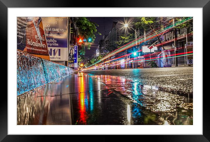 Rainy Night a few days before election in Bangkok Framed Mounted Print by peter kellfur