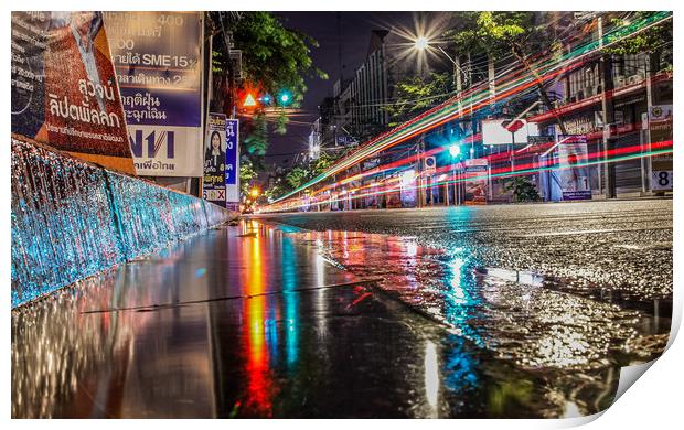 Rainy Night a few days before election in Bangkok Print by peter kellfur