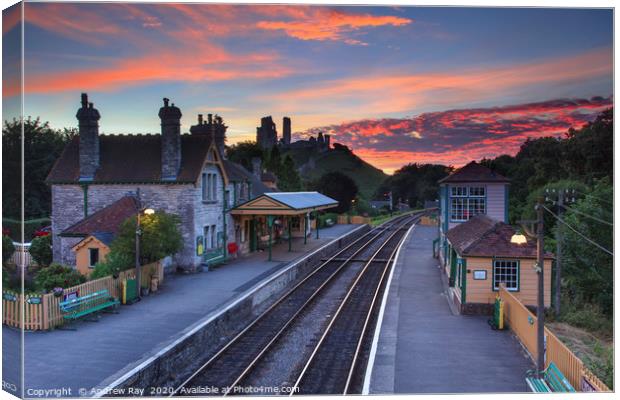 Sunset over Corfe Railway Station Canvas Print by Andrew Ray