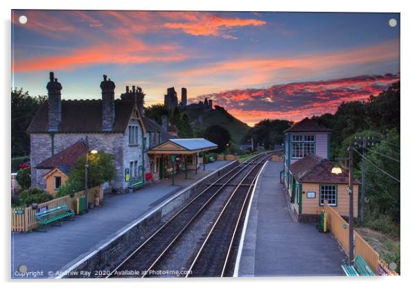 Sunset over Corfe Railway Station Acrylic by Andrew Ray