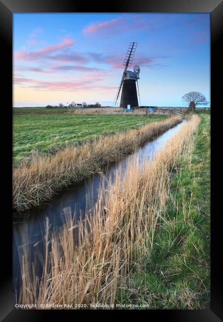 Sunset at Mutton's Drainage Mill Framed Print by Andrew Ray