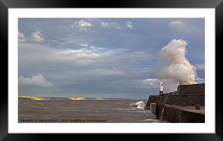 Storm Ellen hitting Porthcawl lighthouse Framed Mounted Print by Jenny Hibbert