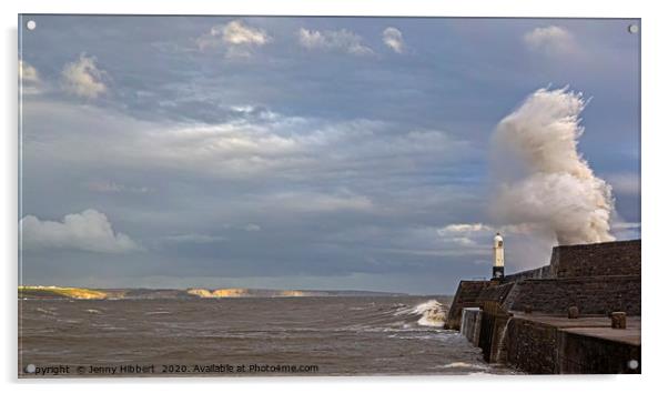Storm Ellen hitting Porthcawl lighthouse Acrylic by Jenny Hibbert