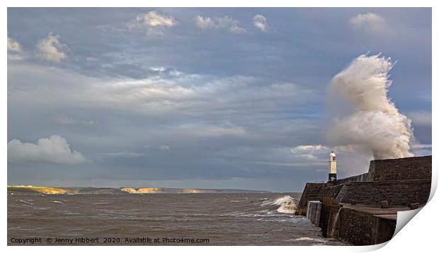 Storm Ellen hitting Porthcawl lighthouse Print by Jenny Hibbert