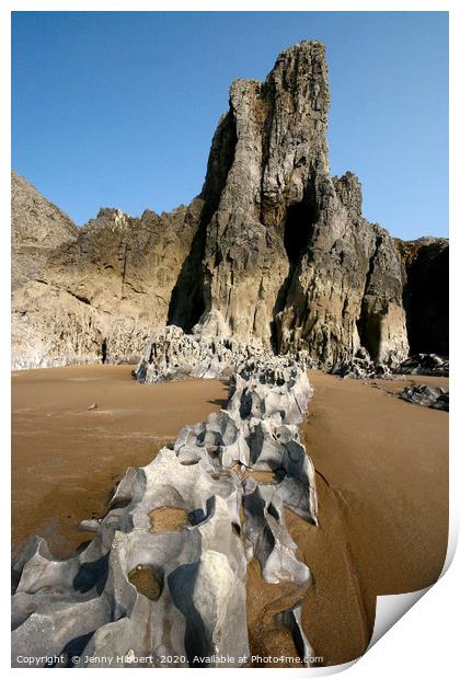 Mewslade Bay Gower showing the rocky beach Print by Jenny Hibbert