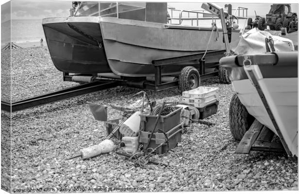 Fishing gear on the shingle beach in Cromer, Norfo Canvas Print by Chris Yaxley