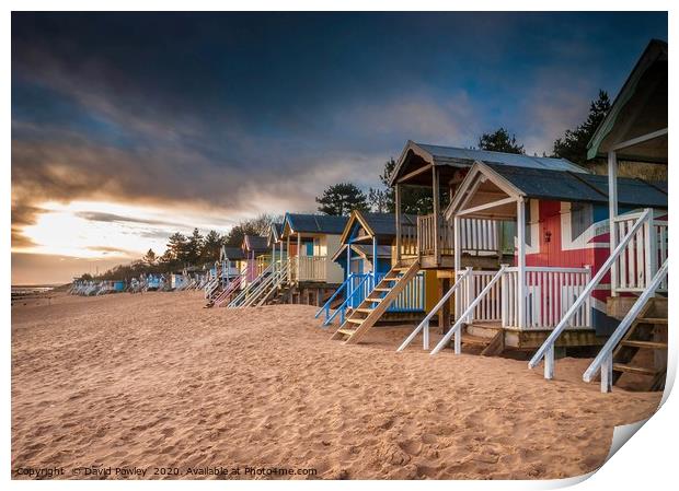 Wells beach huts at dawn Print by David Powley