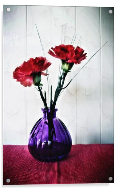 Red Flowers in Purple Vase Acrylic by Simon Gladwin