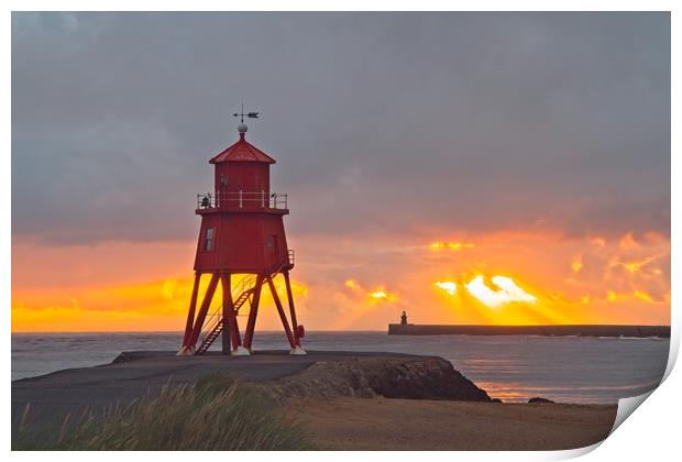 Radiant Sunrise over Red Herd Groyne Lighthouse Print by Rob Cole