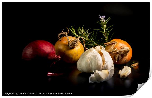 still life with onion and garlic Print by Chris Willemsen