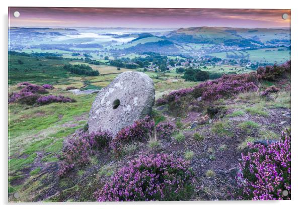 Purple Heather with Curbar Stonemill, Peak Distric Acrylic by John Finney