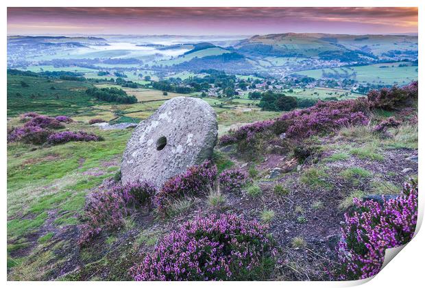 Purple Heather with Curbar Stonemill, Peak Distric Print by John Finney