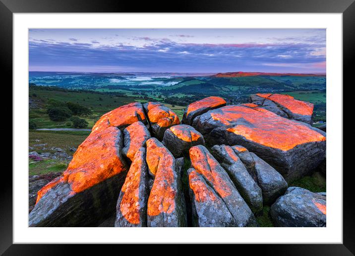 Curbar Red sunrise Rocks, Peak District Framed Mounted Print by John Finney