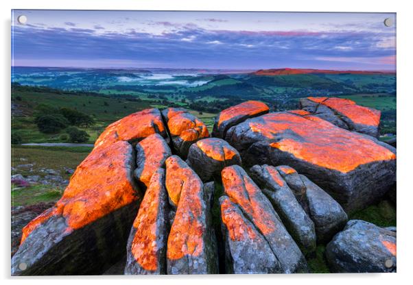 Curbar Red sunrise Rocks, Peak District Acrylic by John Finney
