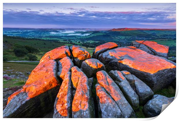 Curbar Red sunrise Rocks, Peak District Print by John Finney