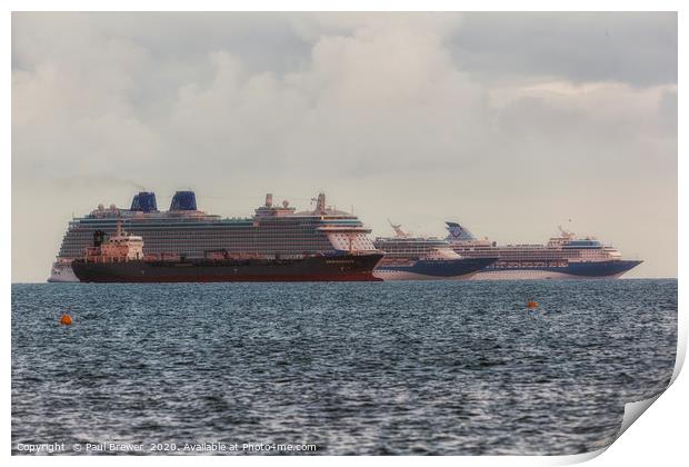 Cruise Ships Moored off the Weymouth Coast during  Print by Paul Brewer