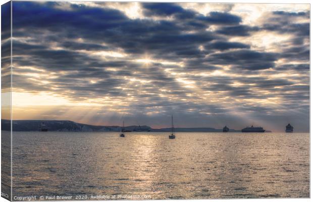 Sunrise in Weymouth Cruise Ships moored off Weymou Canvas Print by Paul Brewer