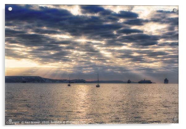 Sunrise in Weymouth Cruise Ships moored off Weymou Acrylic by Paul Brewer